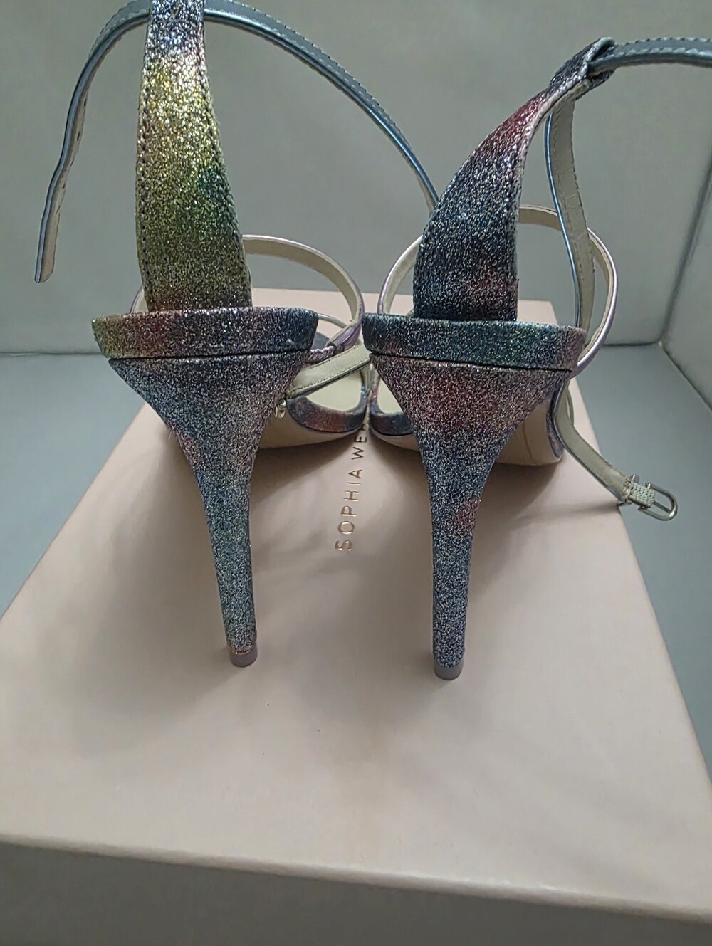 Sophia Webster Iridescent Multi-Color Glitter Strappy Heels with Silver Accents - Picture 6 of 6
